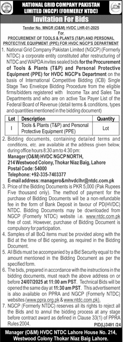 National Grid Company Pakistan Limited Lahore Tender Notice